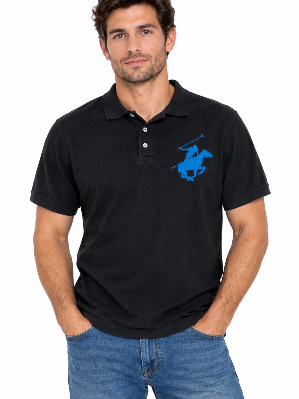 Beverly Hills Polo Club Shirt Mens Sz L Short Sleeve Big Logo Cotton Black